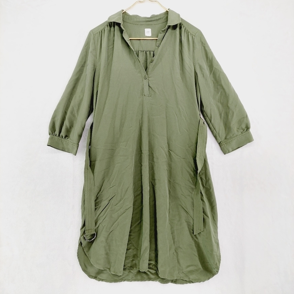 GAP Maternity Green V Neck Collared 1/2 Sleeve Waist Belt Midi Tunic Dress P767